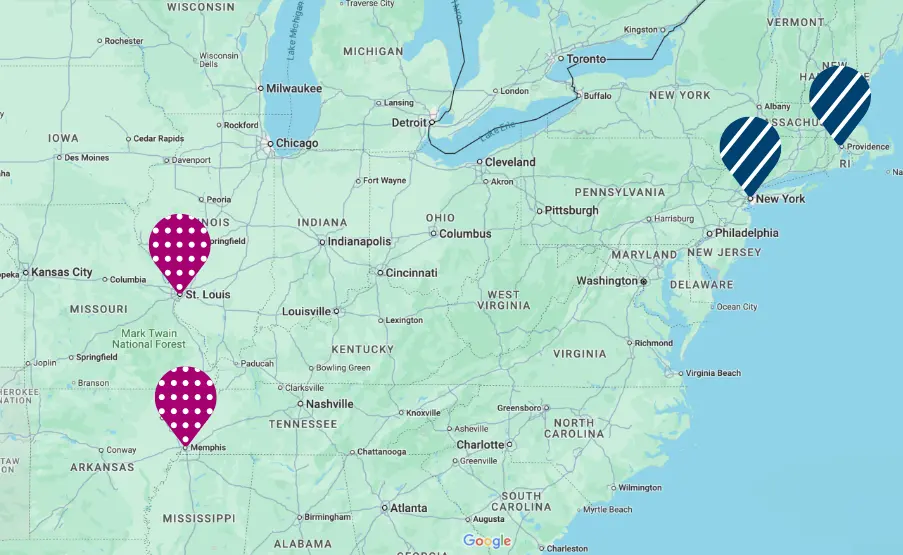 A map of Northeast USA with pins indicating BioLine clinical trial sites for sickle cell disease and pancreatic cancer.
